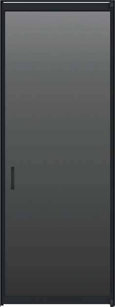 YKK AP ファミット｜famitto/G ガラスタイプ・全採光DGBブラック・片開きドア07720の代表画像です。フレームはK2（艶消しブラック）、バーハンドル、W778×H2019mmの例です。ご希望のタイプ・寸法・色は見積時に選定します。