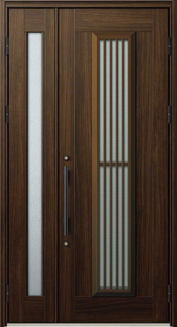 YKK AP プロント S13 親子ドア 手動錠 W1235×H2330mm｜S13・親子ドア・ランマなし・手動錠・W1235×H2330mmの画像です。YA（ステインウォールナット）、子扉06、丸型ストレートハンドル（ブラック）の代表例です。色・開き勝手などは見積時に確定します。